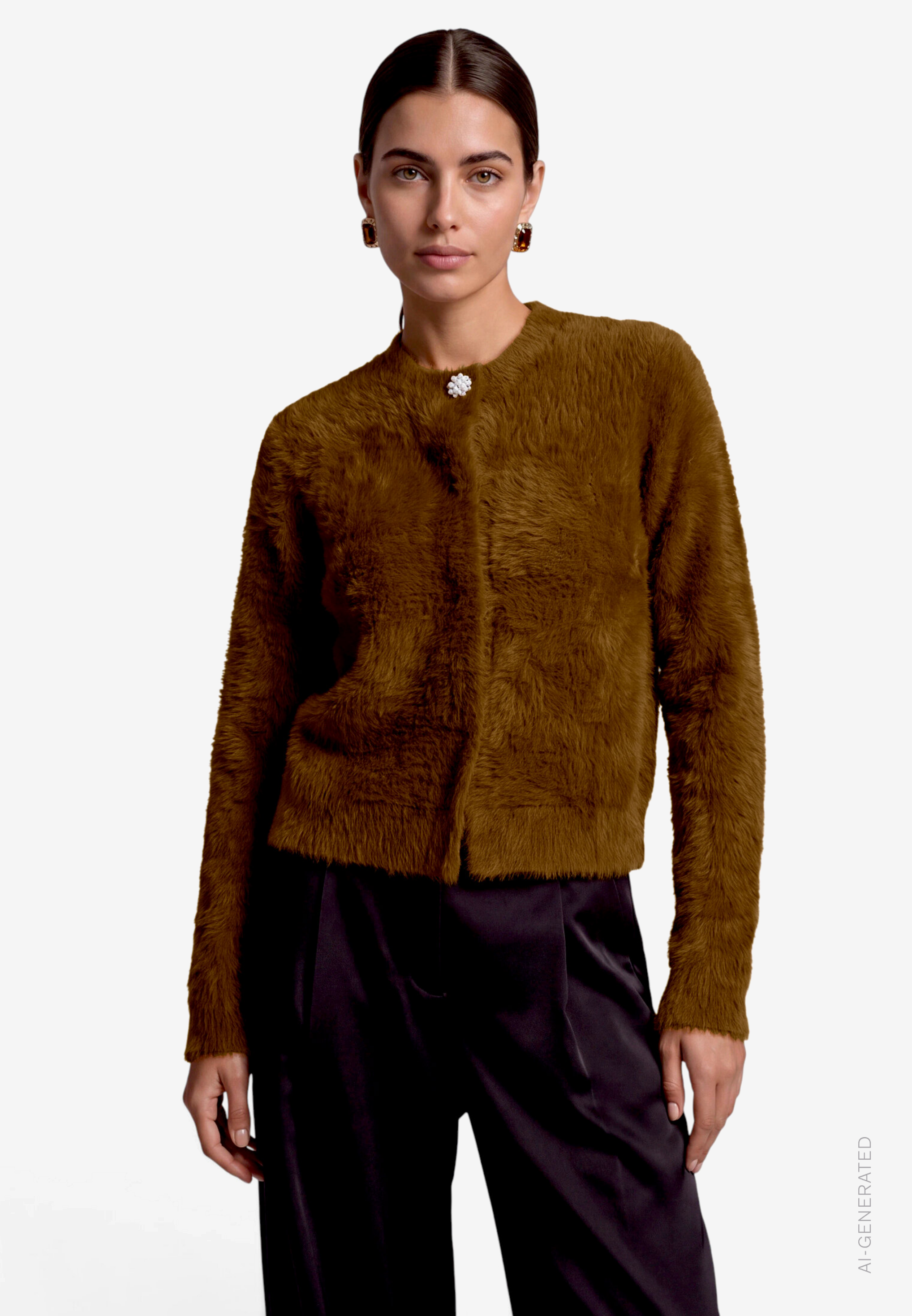 Damen Flauschige Jacke  mit Zierknopf