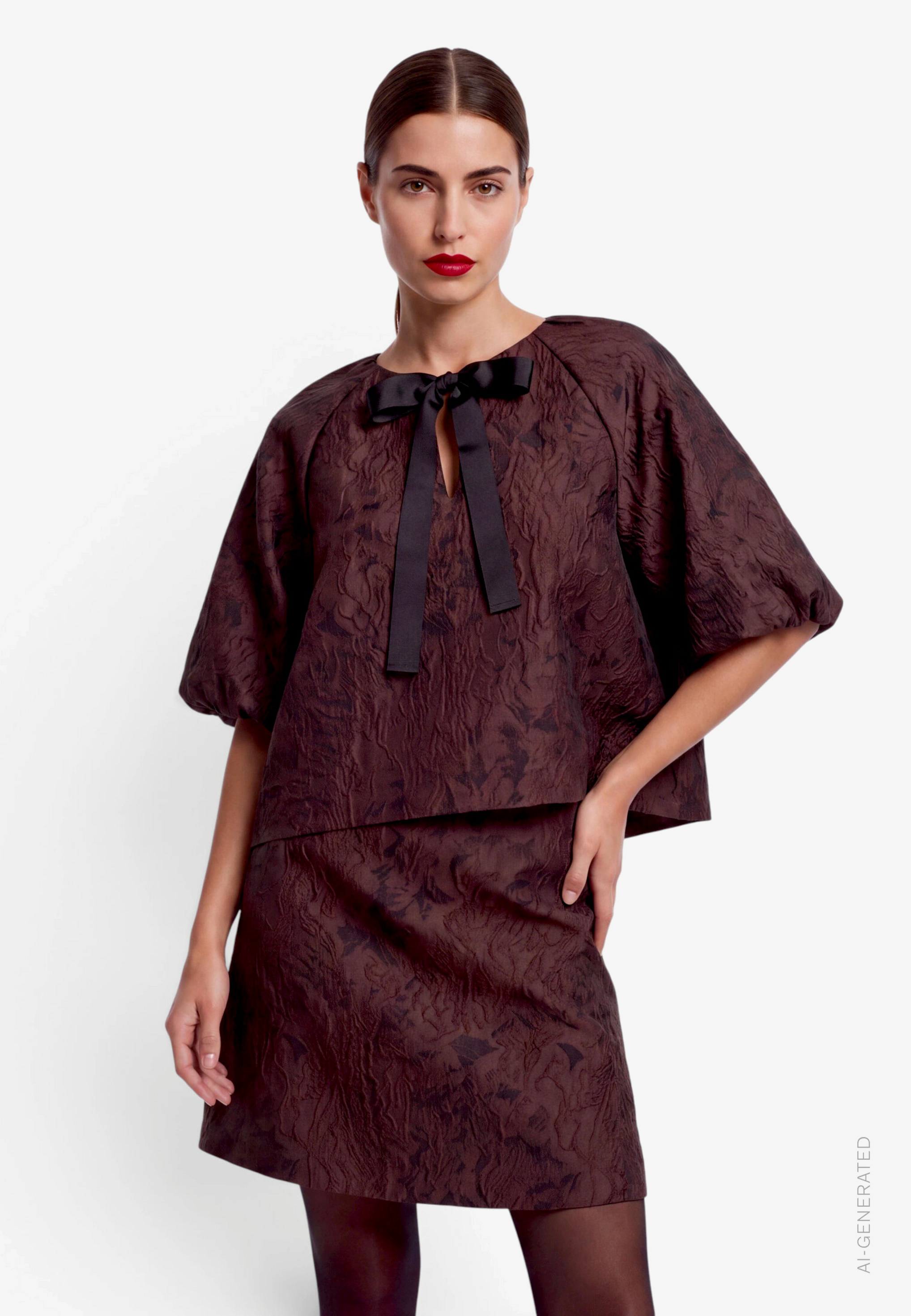 Damen Kurzarmbluse aus Jacquard mit Schleife