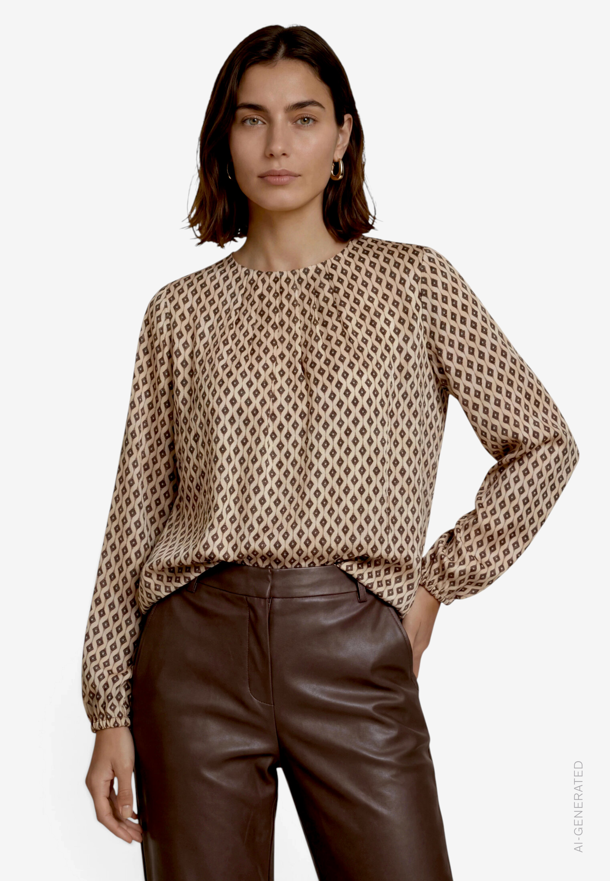 Gemusterte Satin-Bluse mit Rundhalsausschnitt