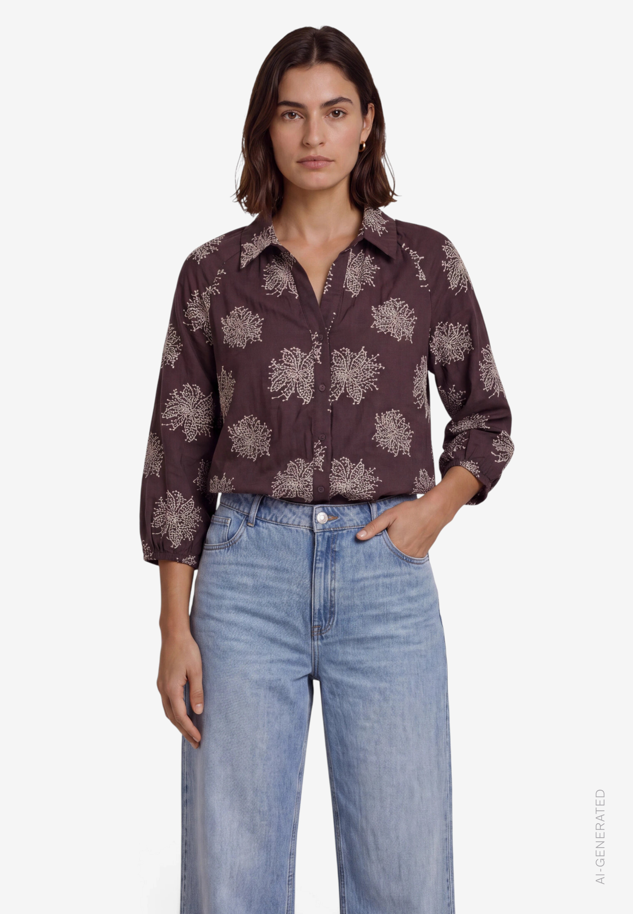 Oversized-Bluse 3/4 Arm mit Stickerei