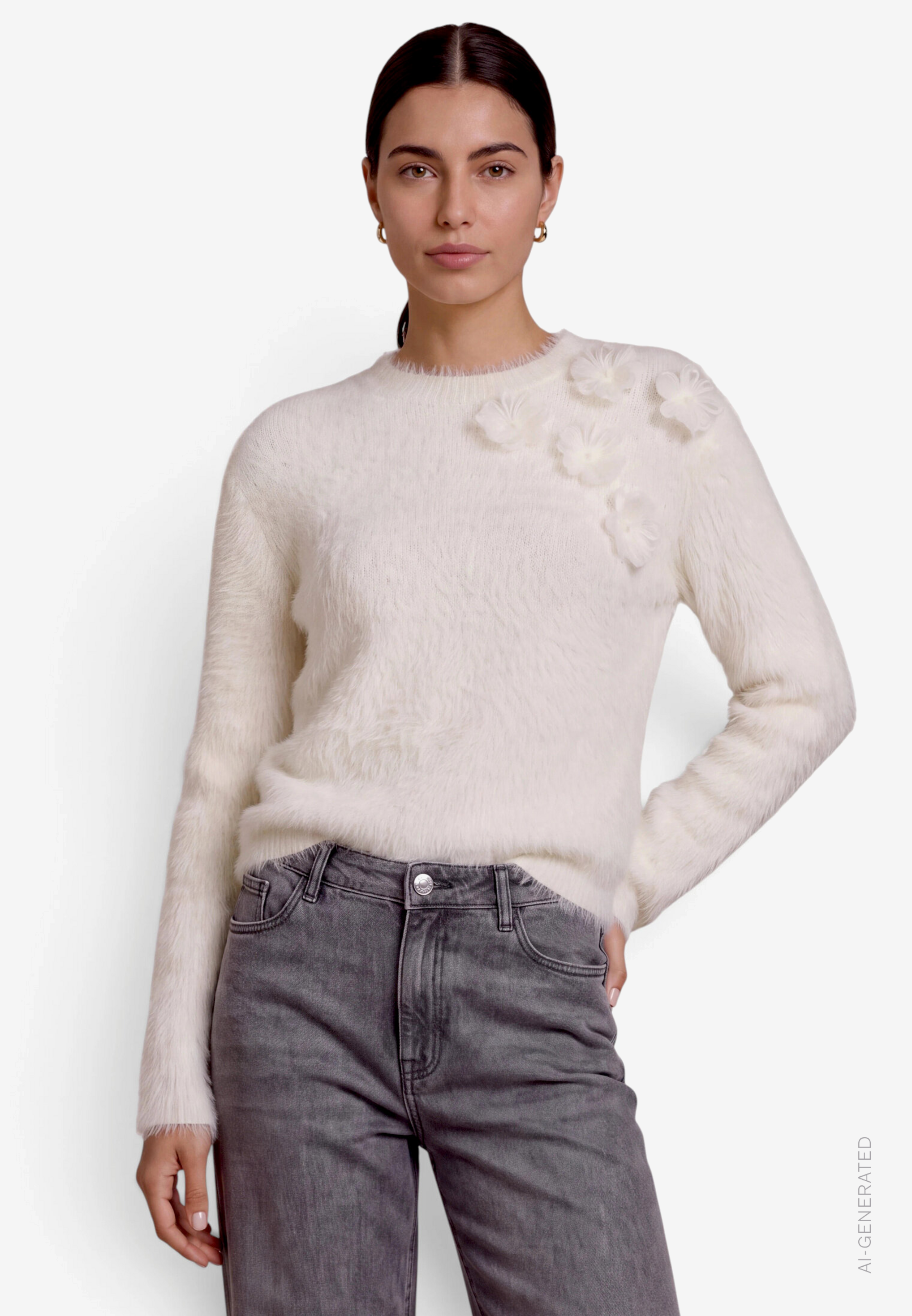 Damen Flauschiger Pullover  mit 3D Blumen
