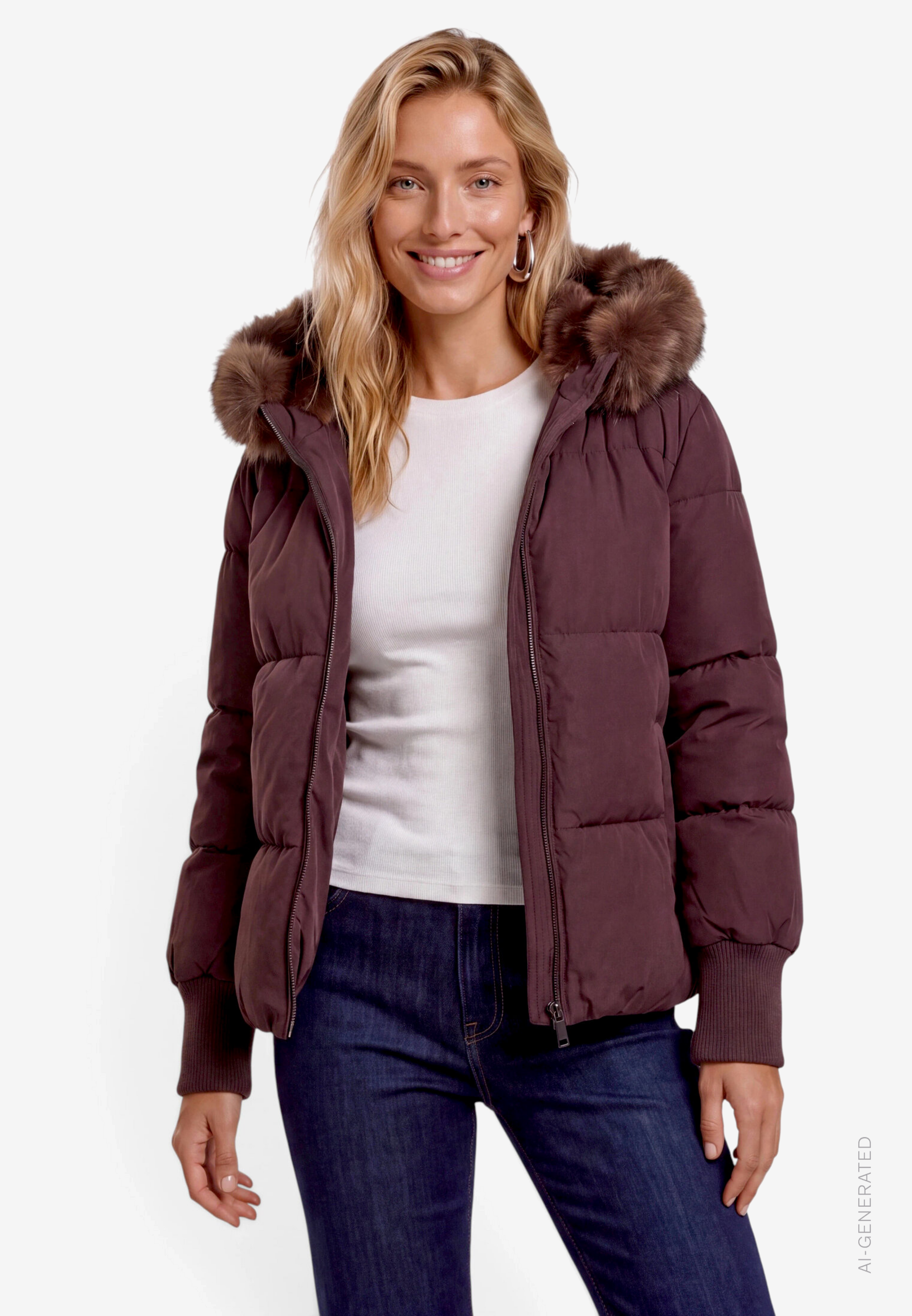 Puffer Jacke Damen mit Kunstfellkapuze