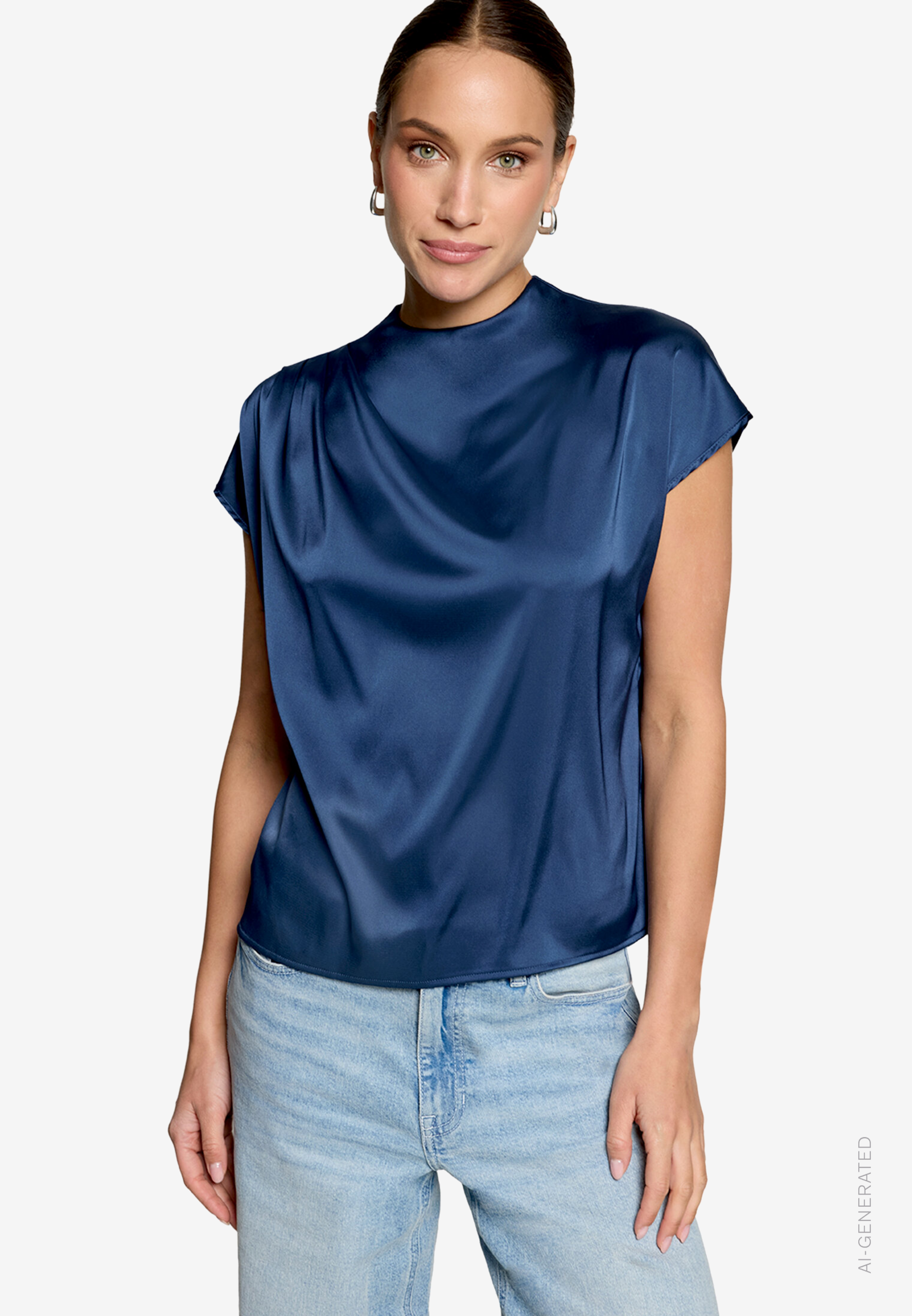 Satinbluse kurzarm mit Stehkragen