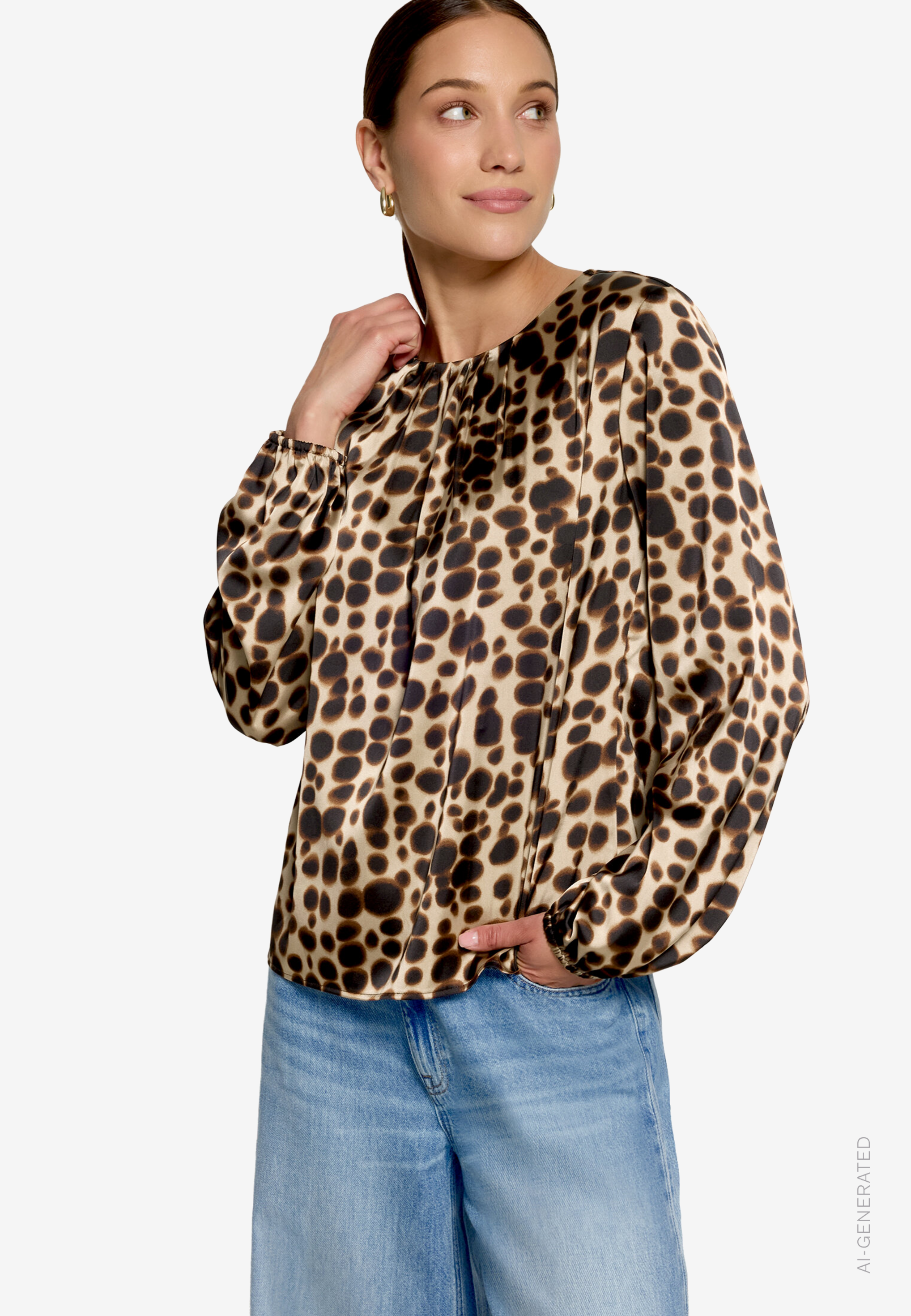 Gemusterte Satin-Bluse mit Rundhalsausschnitt
