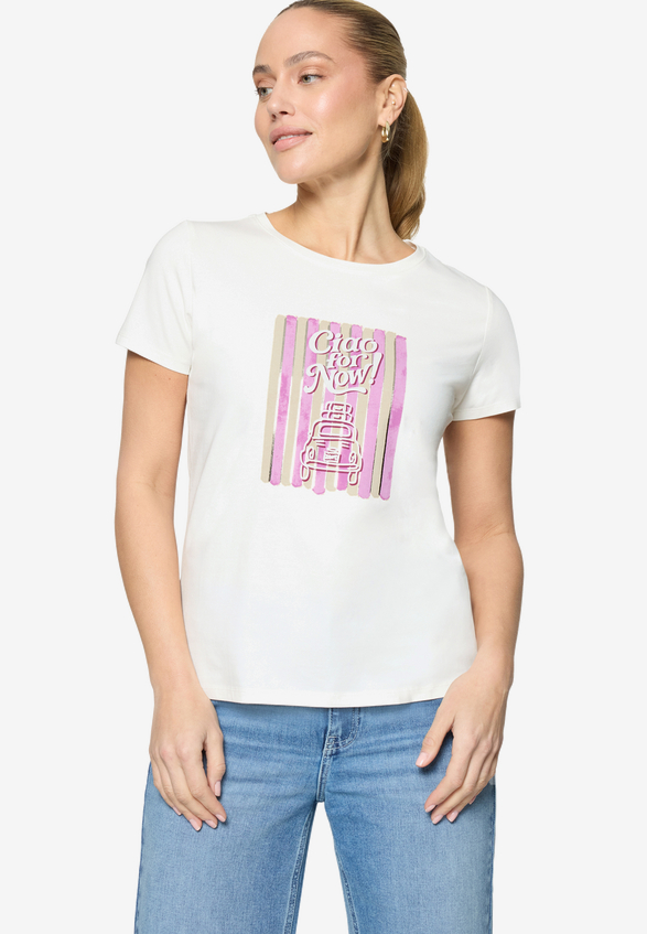 Print-T-Shirt mit Glitzerdetails  / Modellfoto Vorderseite
