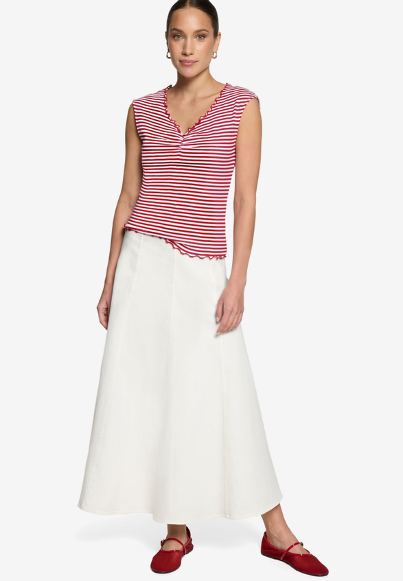 Top  gestreift mit Raffung  / Modellfoto Vorderseite (Outfit)