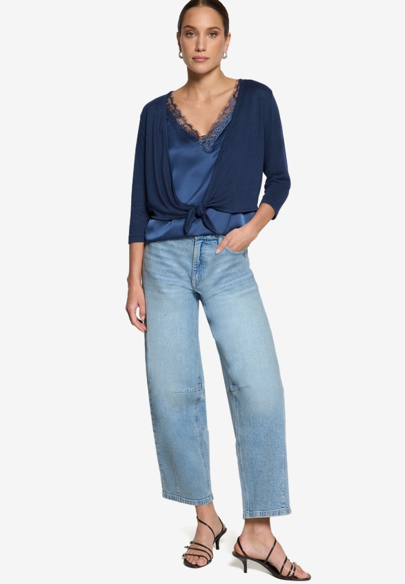 Bolero 3/4 Arm zum Binden  / Modellfoto Vorderseite (Outfit)