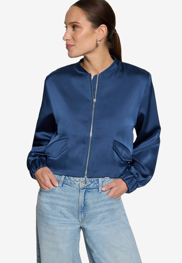 Satin-Jacke  mit Reißverschluss  / Modellfoto Vorderseite