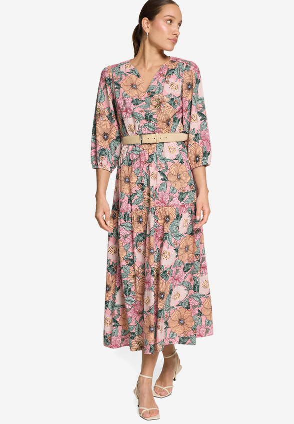 Blumenkleid Maxi mit Gürtel / Modellfoto Vorderseite