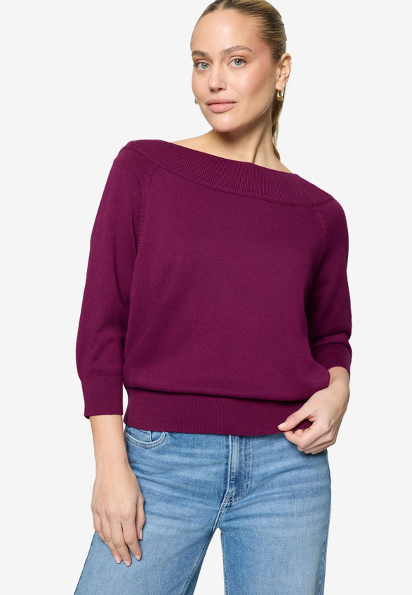 Strickpullover mit Carmenausschnitt  / Modellfoto Vorderseite