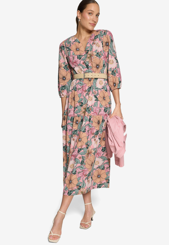 Blumenkleid Maxi mit Gürtel / Modellfoto Vorderseite (Outfit)