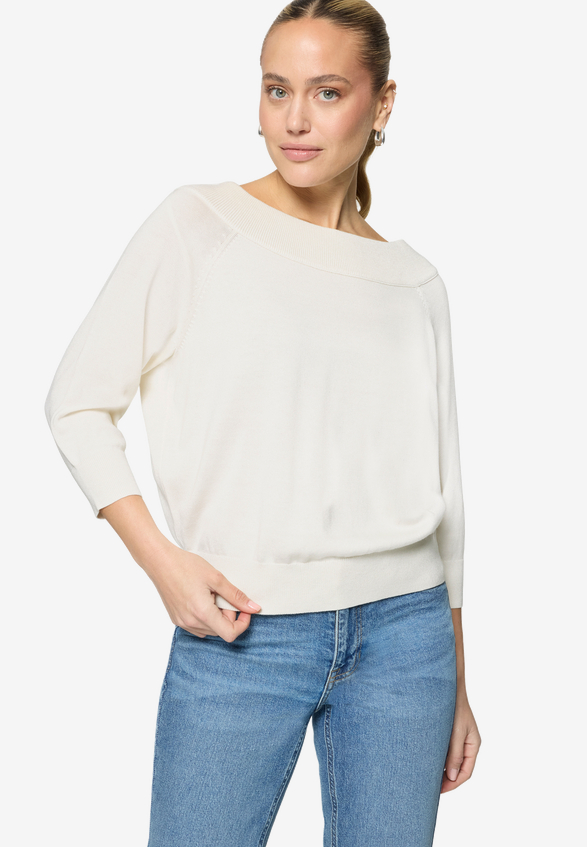 Strickpullover mit Carmenausschnitt  / Modellfoto Vorderseite