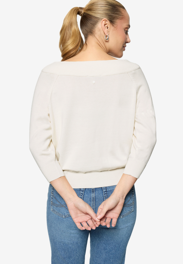 Strickpullover mit Carmenausschnitt  / Modellfoto Rückseite