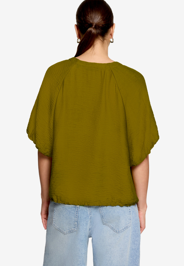 Kurzarm-Bluse mit Bindeband / Modellfoto Rückseite