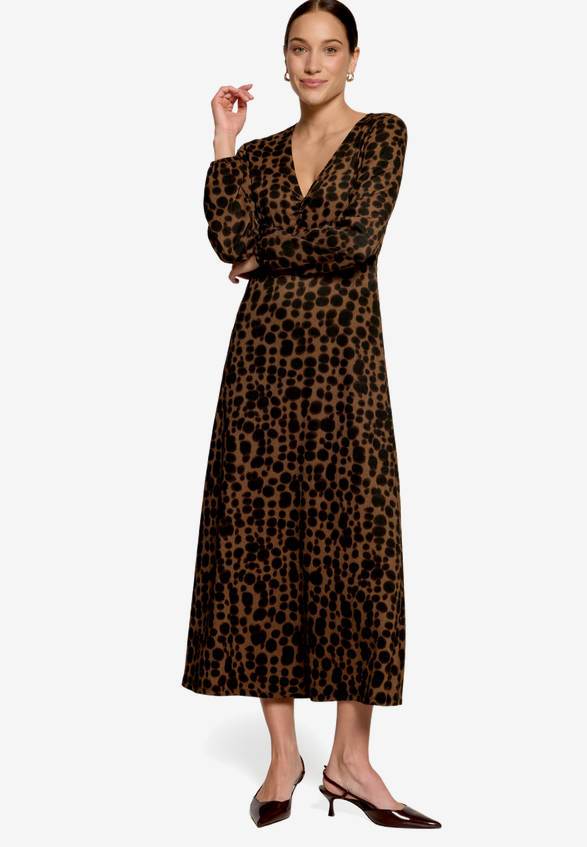 Gemustertes Maxikleid  mit V-Ausschnitt  / Modellfoto Vorderseite