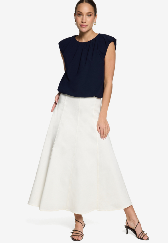Denimrock  mit A-Linie Maxi / Modellfoto Vorderseite (Outfit)