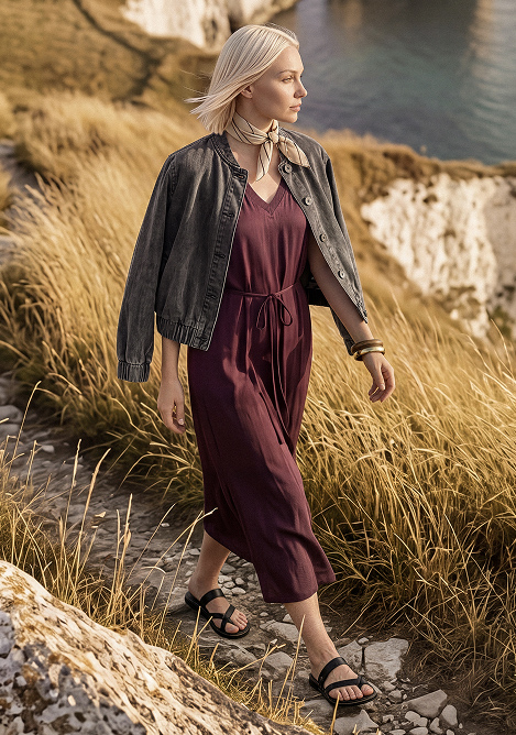 Elegantes Midikleid kombiniert mit Jeansjacke